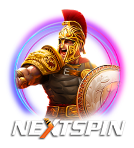 NextSpin logo featuring a fierce warrior in golden armor with a red plume helmet, holding a shield and a sword, surrounded by a circular design with blue and pink hues.